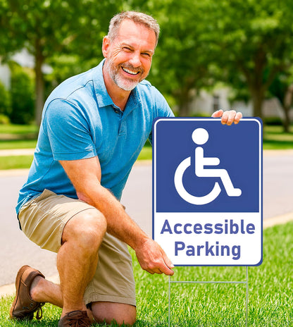 Set of 3 Double Sided 12x16 Inches "Accessible Parking" Plastic Sign with Metal H-Stakes - Reserved Spaces for Handicap Permit Vehicles