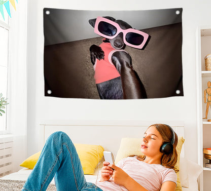 3x5 Feet Funny Flag with Small Dog in Rose Coloured Glasses Taking Selfie with Four Brass Grommets - Single Sided Meme Flag for College Dorm