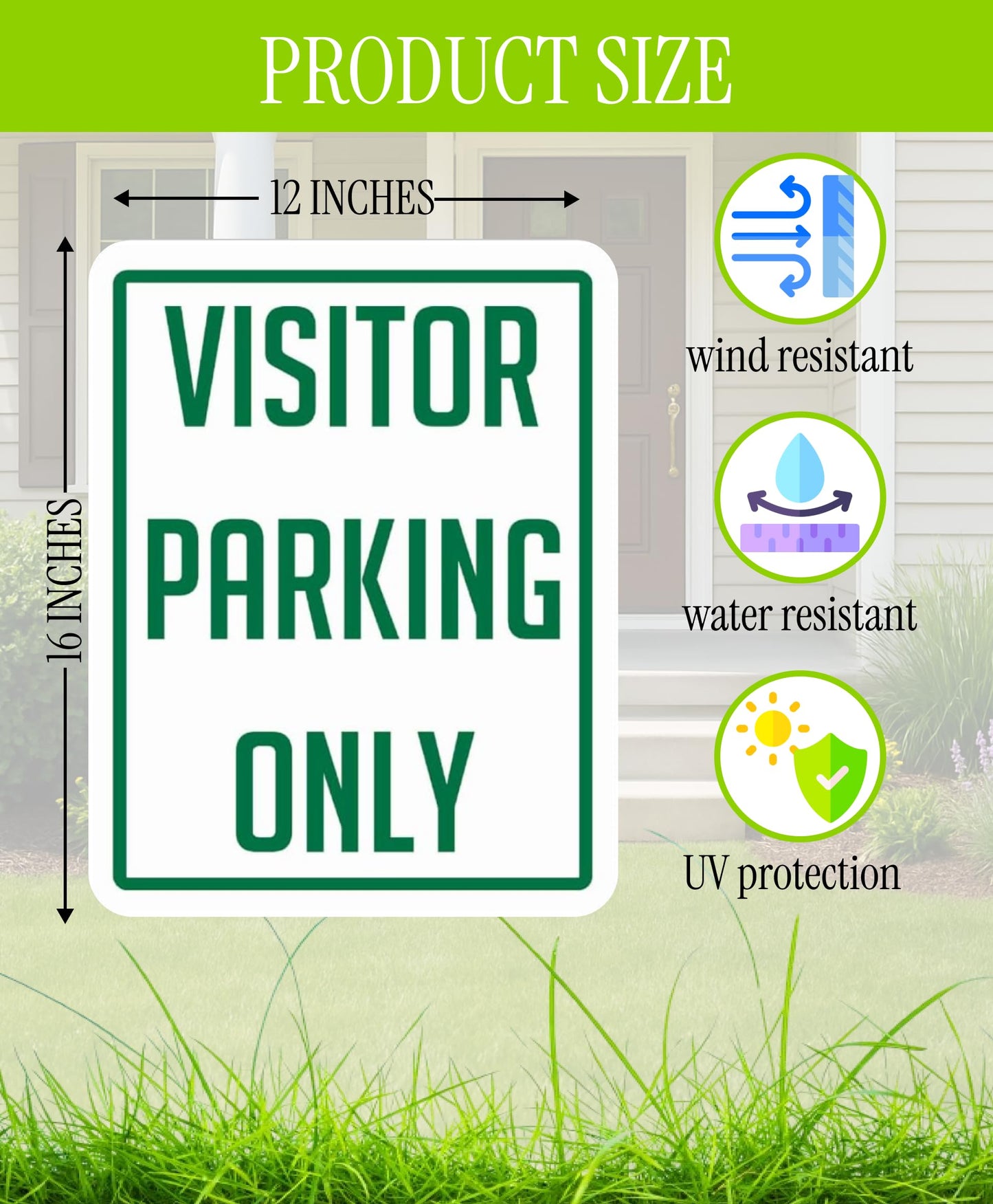 Set of 3 Double Sided 12x16 Inch Plastic Sign "Visitor Parking Only" with Metal H-Stakes - Plastic Parking Signs Green on White