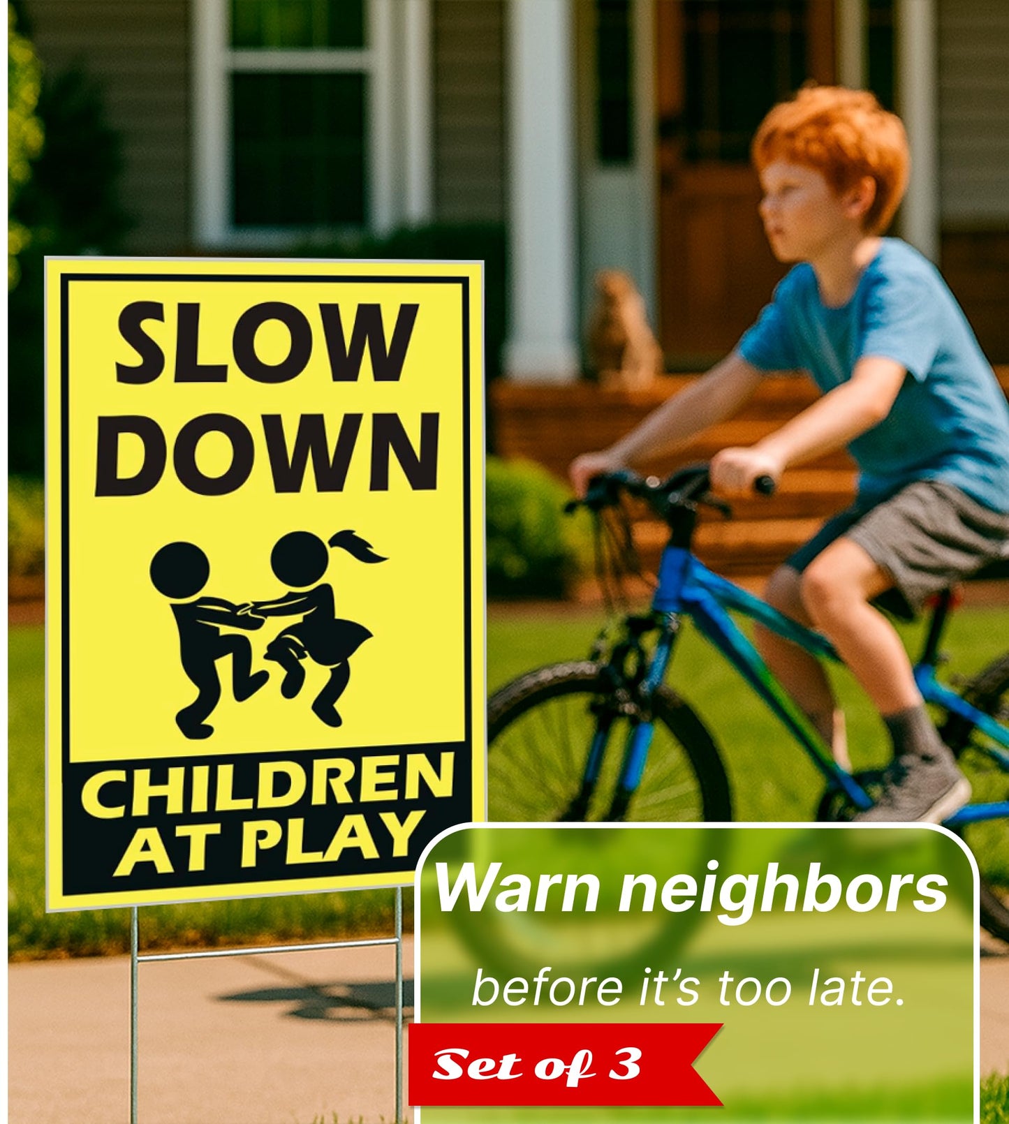 Set of 3 Street Safety Signs with Stakes 12x8 Inch - Attention Kids Playing Road Plastic Sign Double Sided