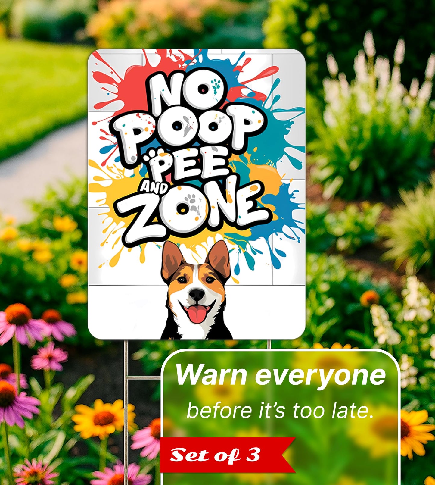 Set of 3 Double Sided 12x8 Inches Plastic Sign "No Poop and Pee Zone" With H-Stakes