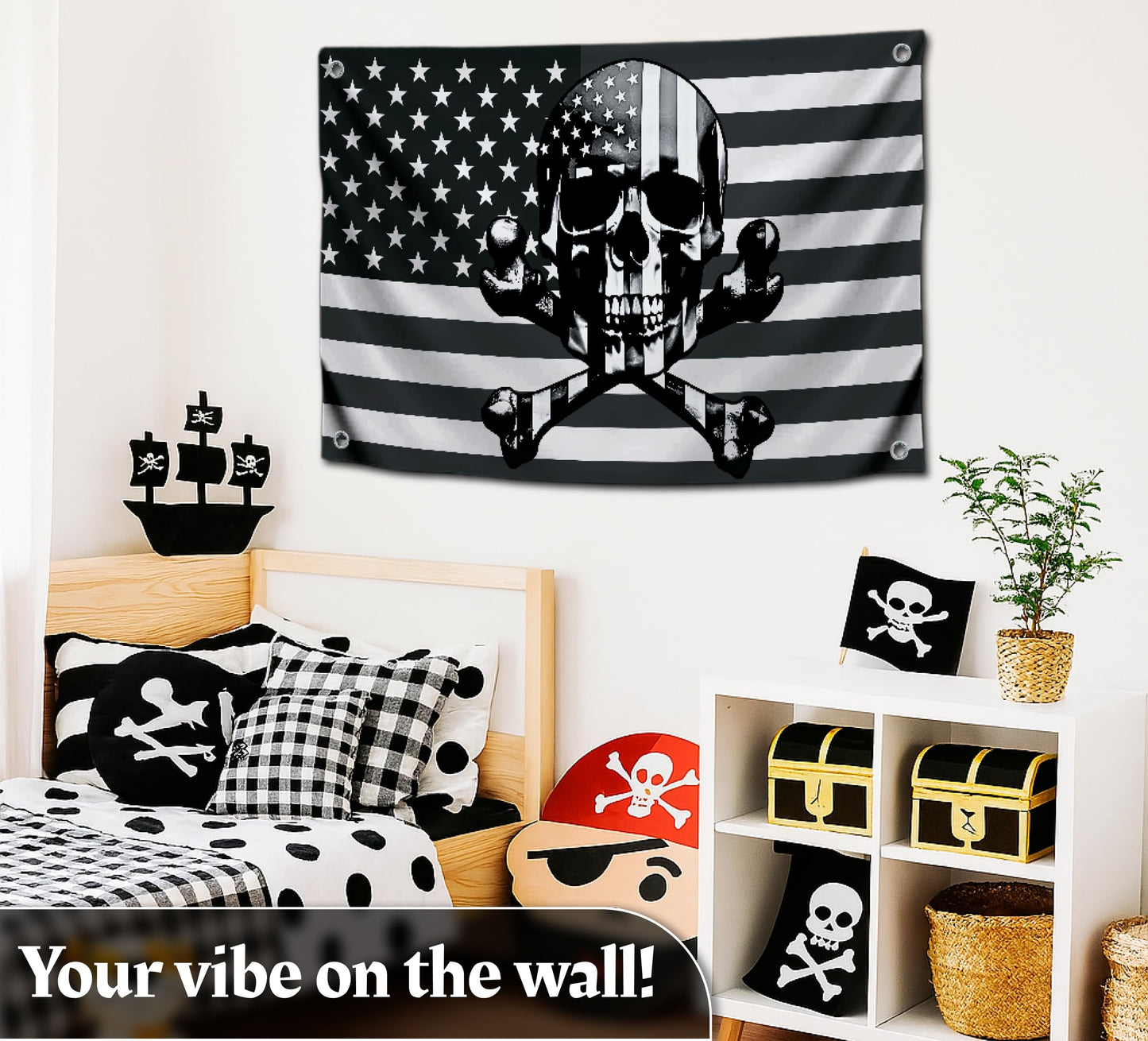3x5 Ft American Skull Polyester Flags with 4 Brass Grommets - Pirate USA Flag or US Black Boat Single Sided Flags or Banners Man Cave Skull Bones Fun