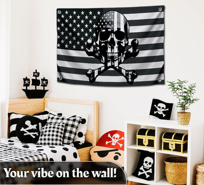 3x5 Ft American Skull Polyester Flags with 4 Brass Grommets - Pirate USA Flag or US Black Boat Single Sided Flags or Banners Man Cave Skull Bones Fun