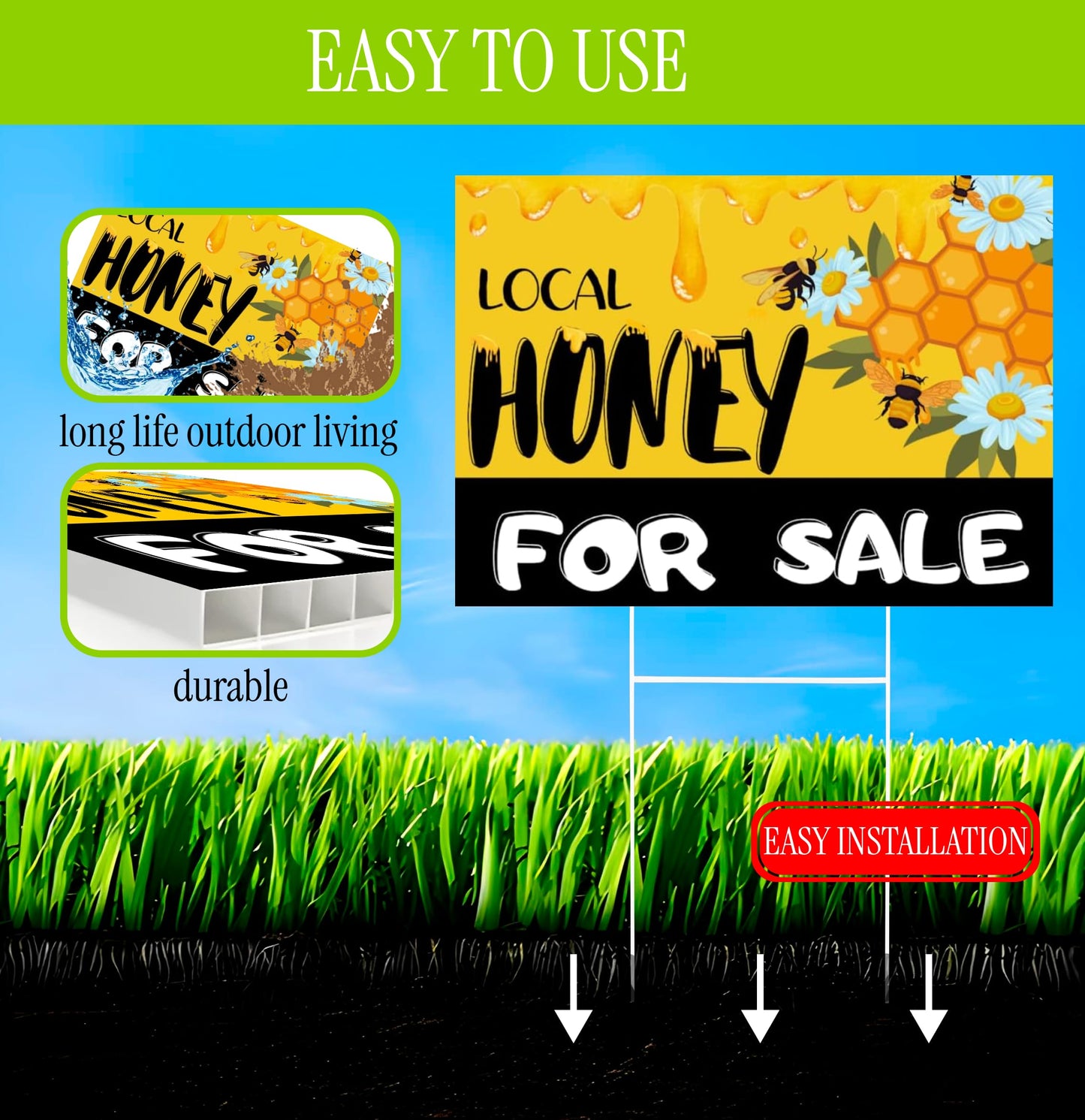 Set of 3 Double Sided 12x16 Inches Local Honey For Sale Yard Sign with Metal H-Stakes - Local Honey Sale Signs for Farm Garden Lawn Outdoor