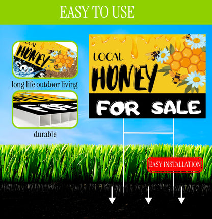 Set of 3 Double Sided 12x16 Inches Local Honey For Sale Yard Sign with Metal H-Stakes - Local Honey Sale Signs for Farm Garden Lawn Outdoor