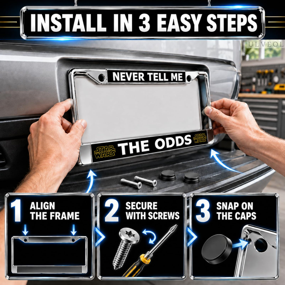 6x12 in Never Tell Me The Odds License Plate Frame – Chrome Stainless Steel