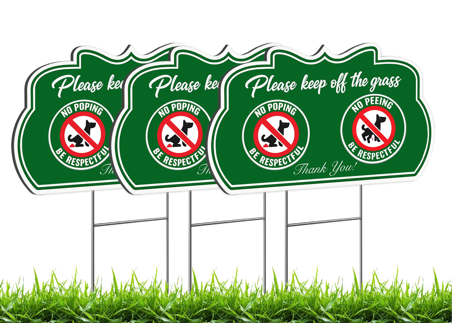 Set of 3 Please Keep Off The Grass Plastic Sign with Metal Wire H-Stakes - 12x8 inch No Peeing and No Pooping Dog Sign - Double Sided Please