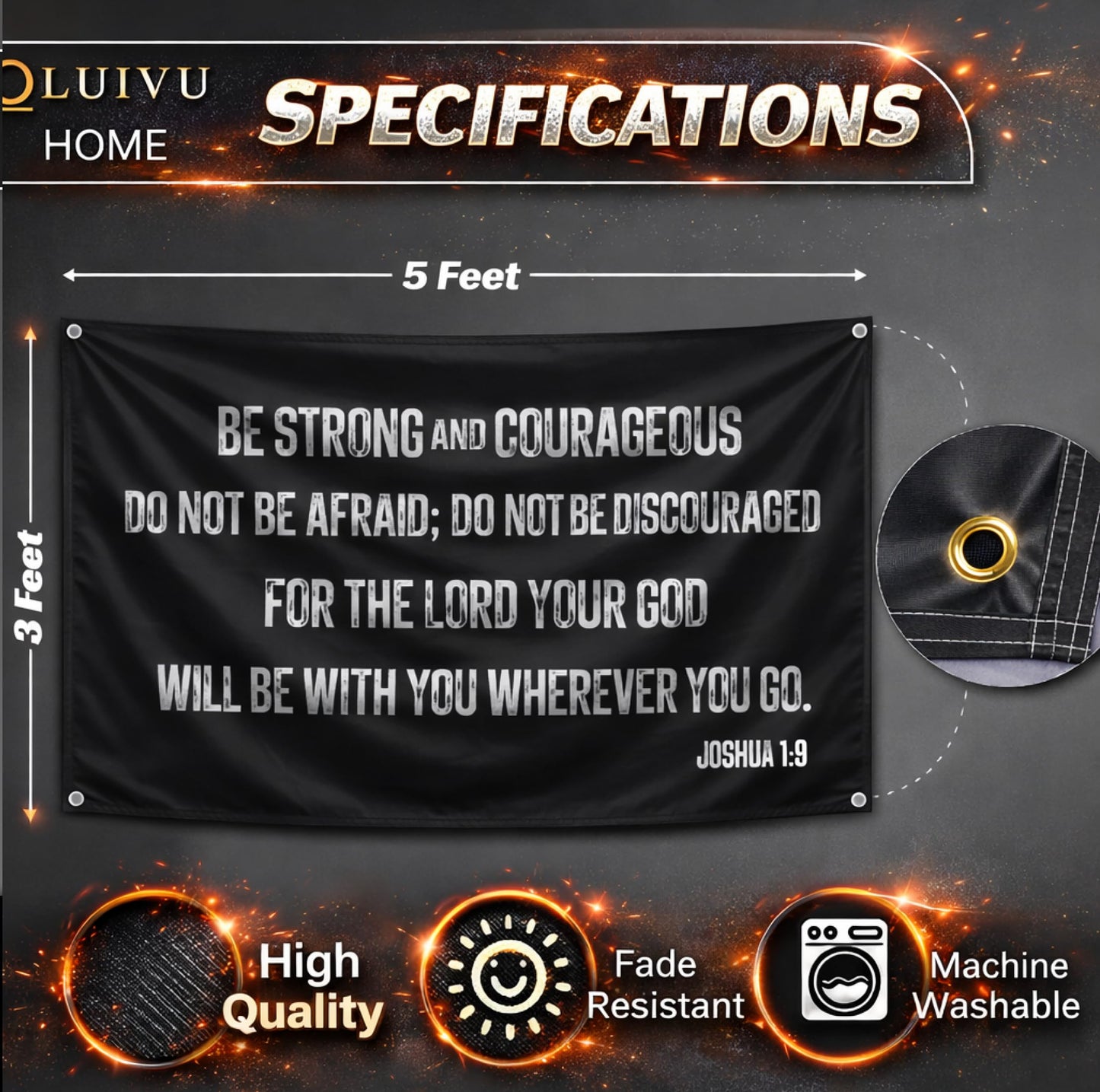 3x5 Feet Be Strong and Courageous Scripture Wall Polyester Flag with 4 Grommets - Masculine Single Sided Banner for Room - Motive Wall Decorations