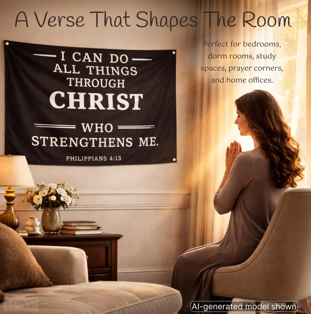 3x5 ft Christian Bible Verse Flag – Philippians 4:13, Black Polyester Wall Banner with 4 Grommets