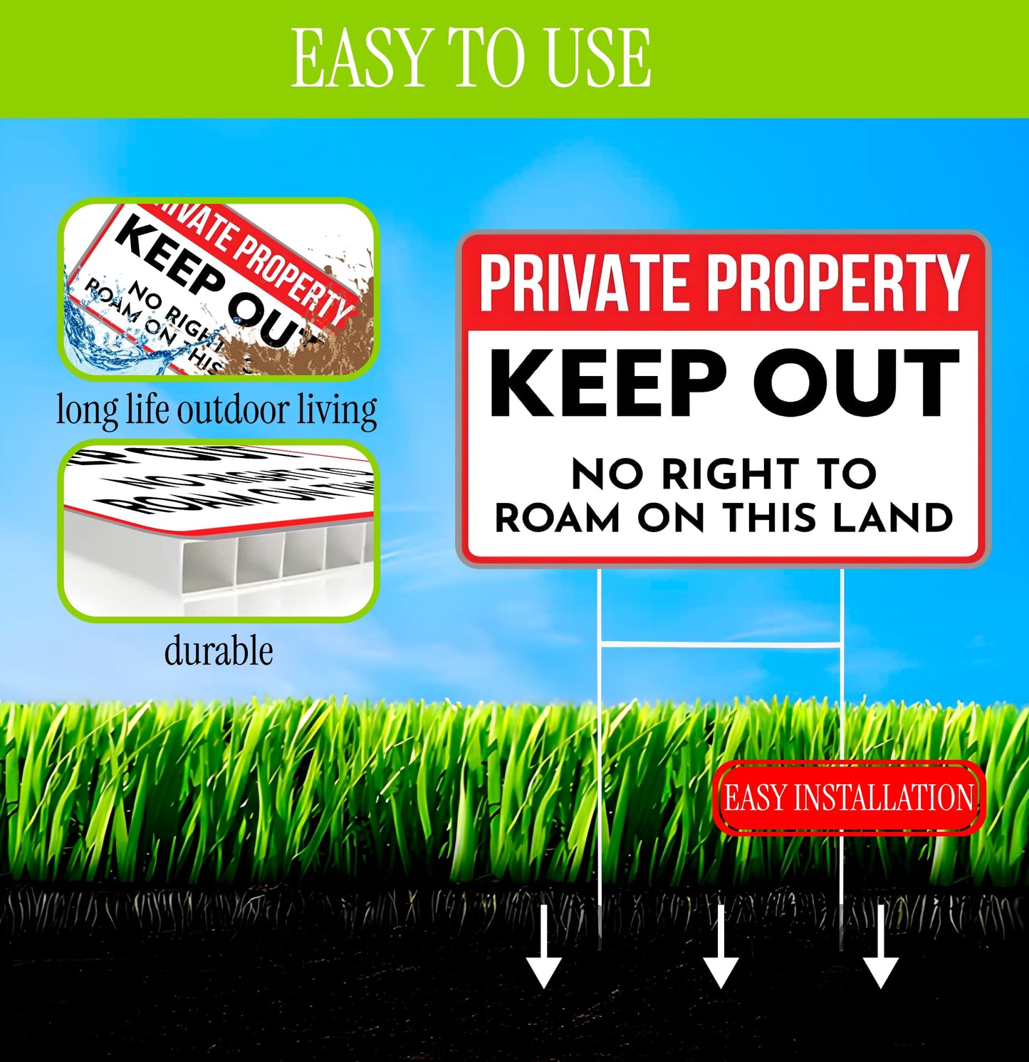 3X Private Property Plastic Sign with Stake - 12x8 Inches Keep Out Double Sided Signs - No Right to Roam On This Land - for Property Protection