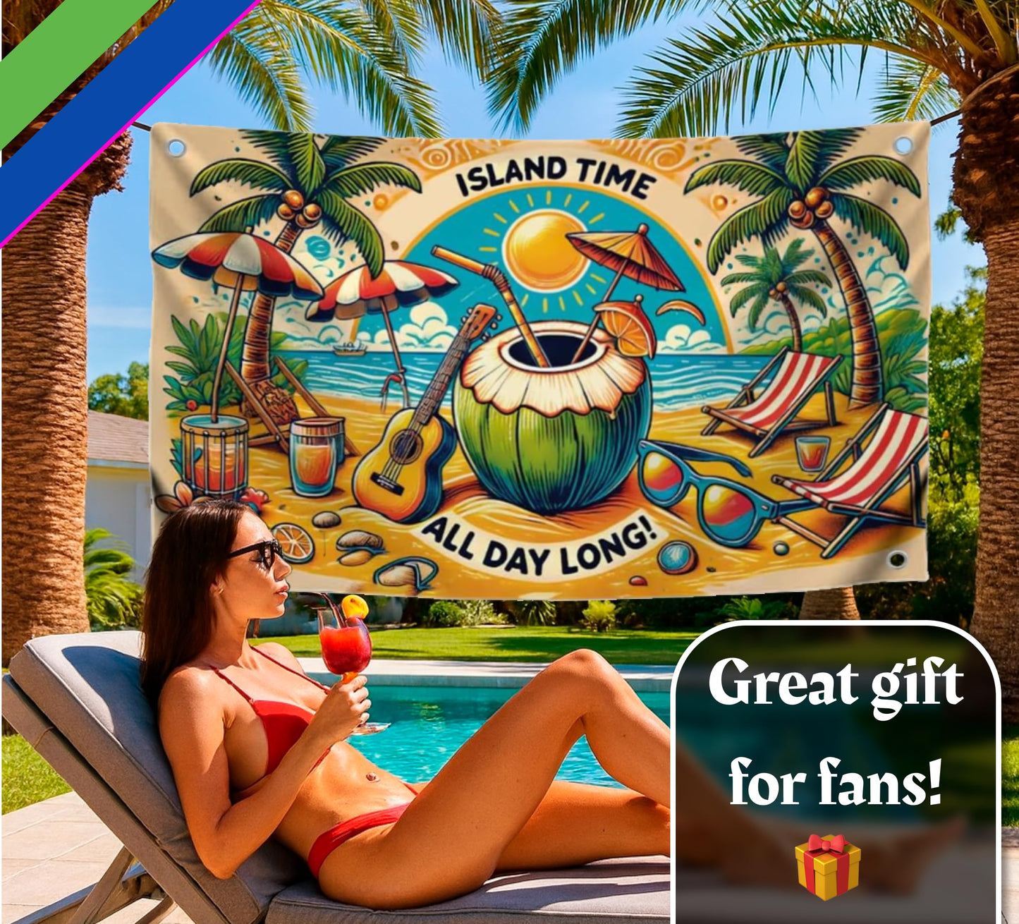 3x5 Feet Single Sided Flag with 4 Brass Grommets - Island Dream Flag - Sun and Ocean View - Quote on the Poster "Island Time All Day Long"