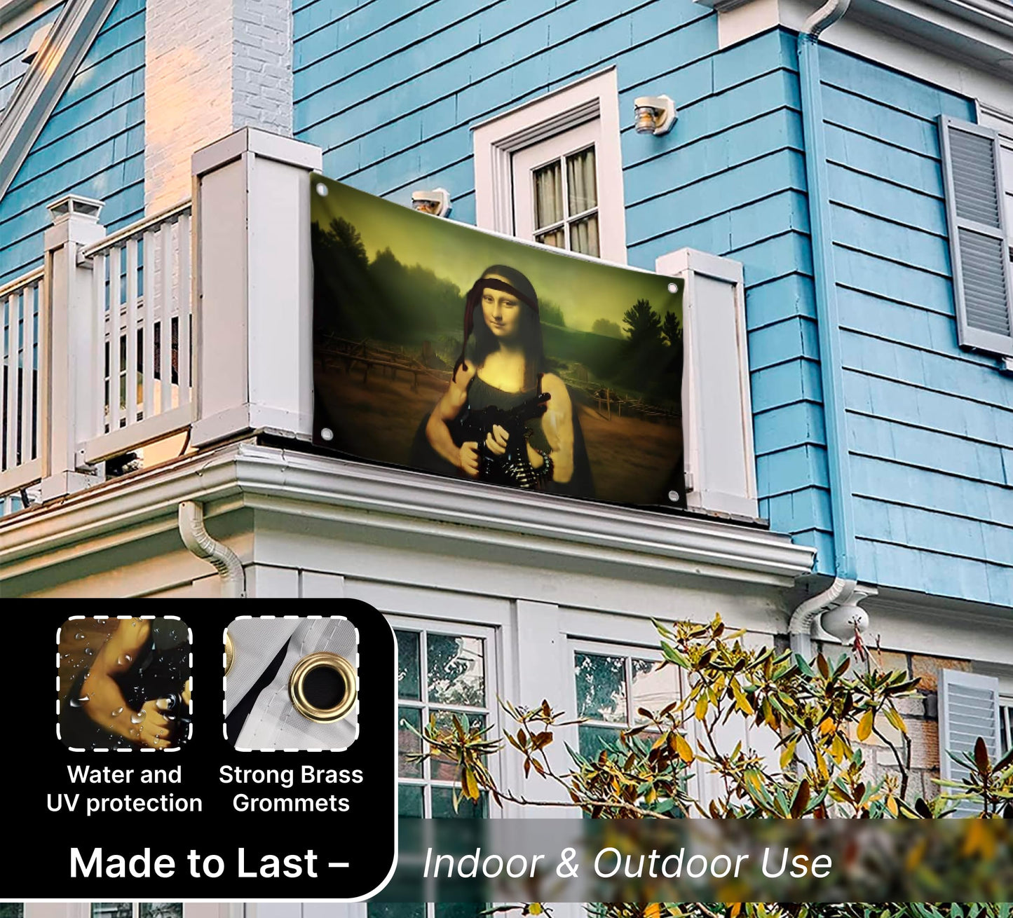 3x5 Feet Tapestry Flag Mona Lisa with a Machine Gun with Four Brass Grommets - Cool Flags for Decor Boys Room