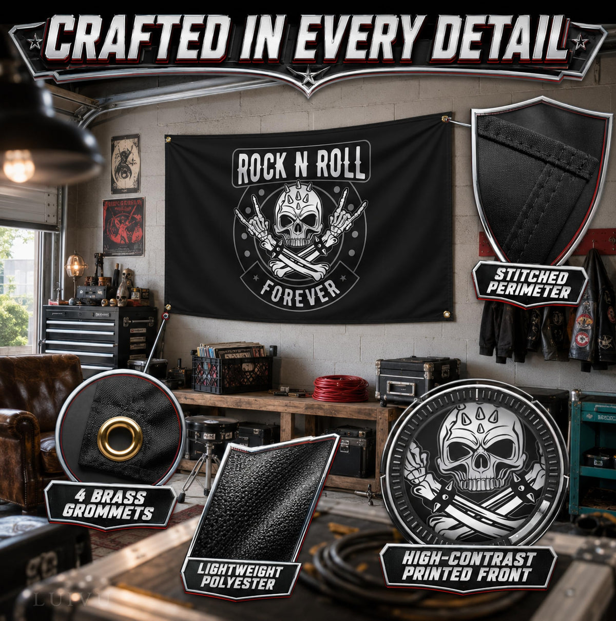 3x5 ft Rock N Roll Forever Skull Flag – Music Man Cave Banner