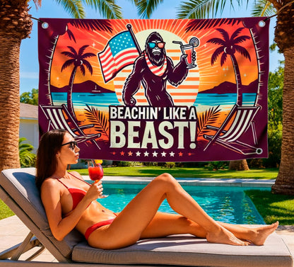 3x5 Feet American Summer Polyester Flag "Beachin Like A Beast!" with 4 Brass Grommets - USA Decoration Holliday Banner for Seasonal Outside or Outdoor