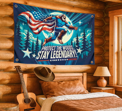 3x5 Ft Single Sided Polyester Banner with Quote “Protect the Woods, Stay Legendary” - Cool Tapestry with Four Brass Grommets