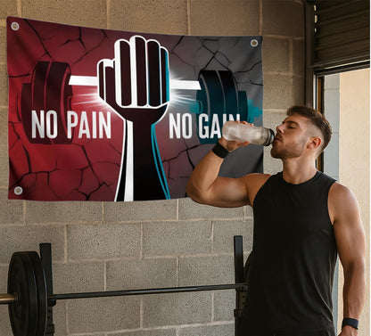 3x5 Ft Motivation Gym Single Sided Flag with Quote "No Pain No Gain" with 4 Brass Grommets - Inspire Your Workout Polyester Banner