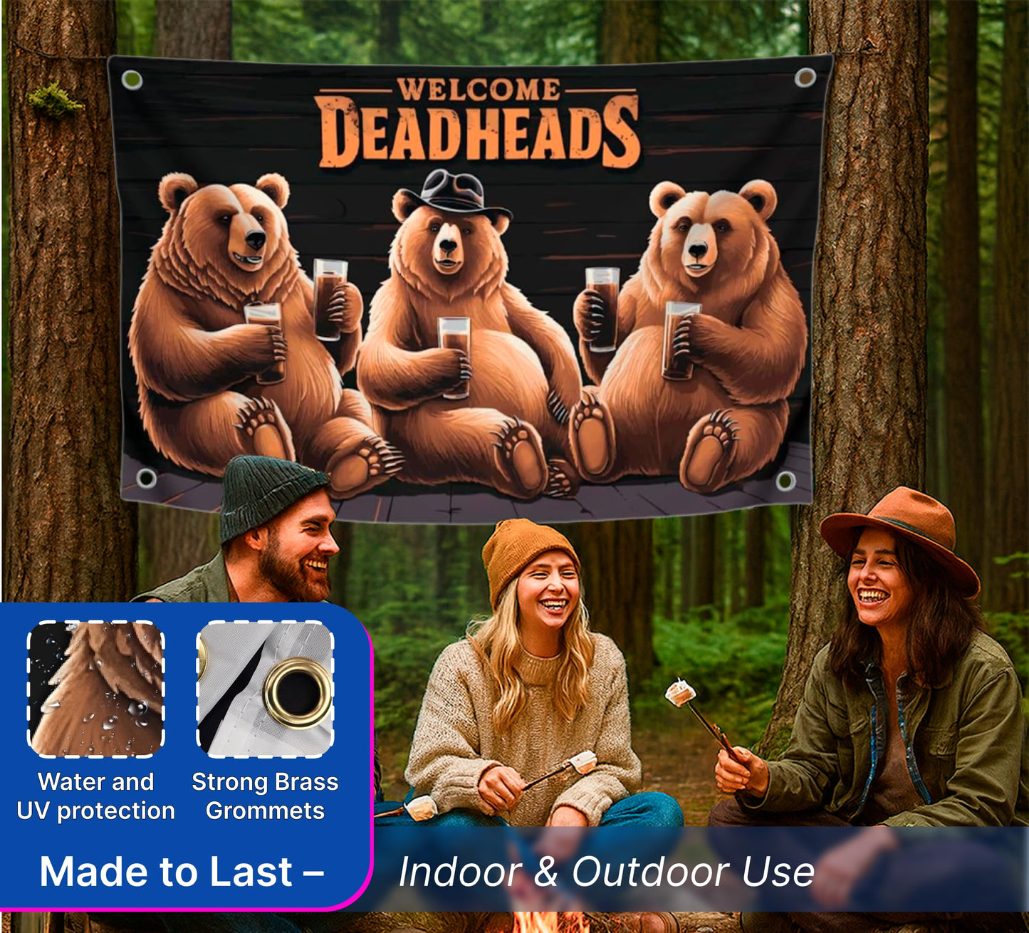 3x5 Feet Bears Polyester Flag Welcome Deadheads with Four Brass Grommets - Rock Music Banner for Garden Party - Banners with Three Bear for Wall