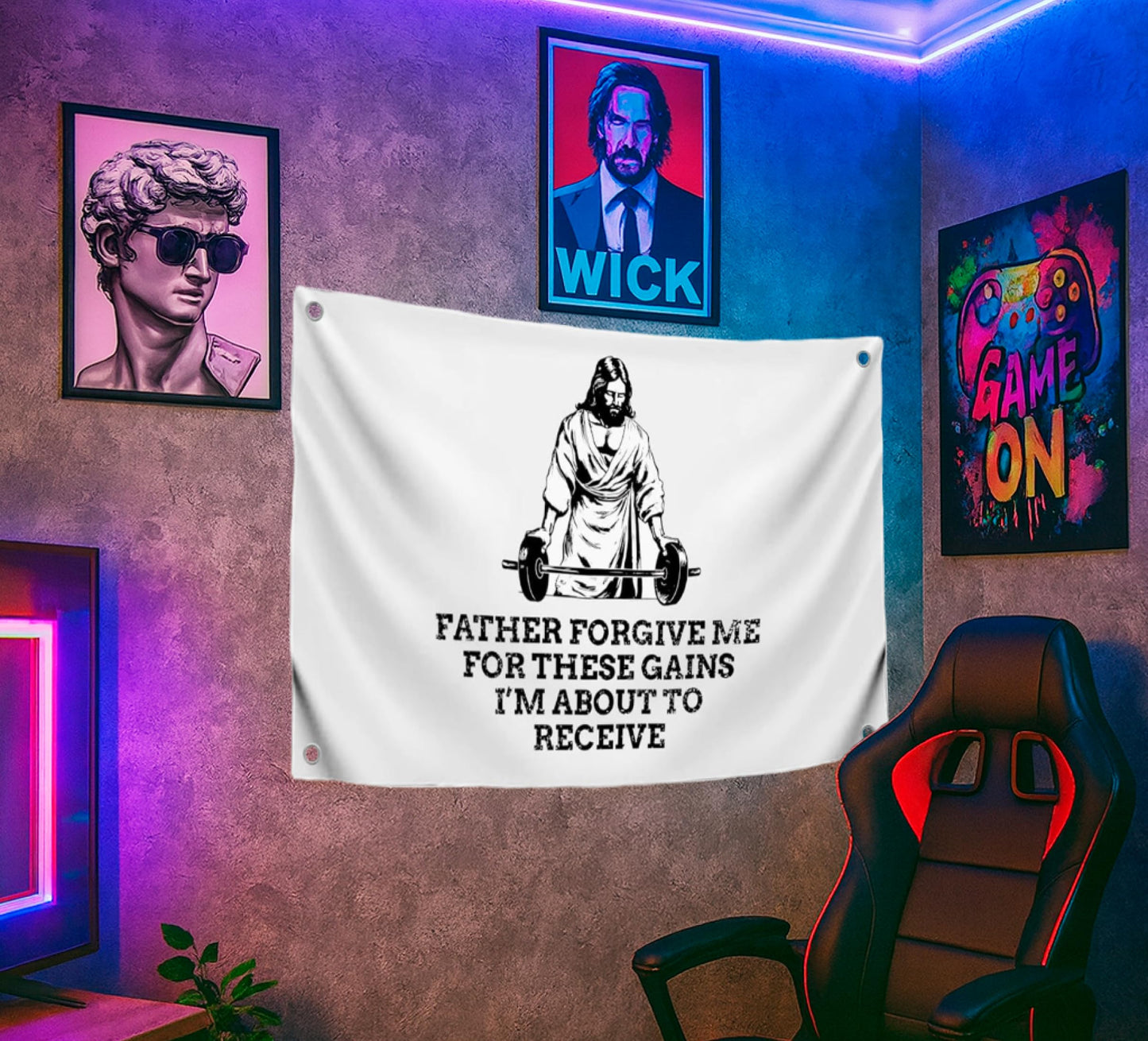 3x5 Ft Quote Polyester Flag "Father Forgive Me For These Gains I’m About To Receive" with 4 Grommets - Motivational Wall Single Sided Banner