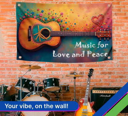 3x5 Ft Guitar Single Sided Flag "Music for Love and Peace" with 4 Brass Grommets - Musical Polyester Banner with Flower and Heart for Wall Decoration