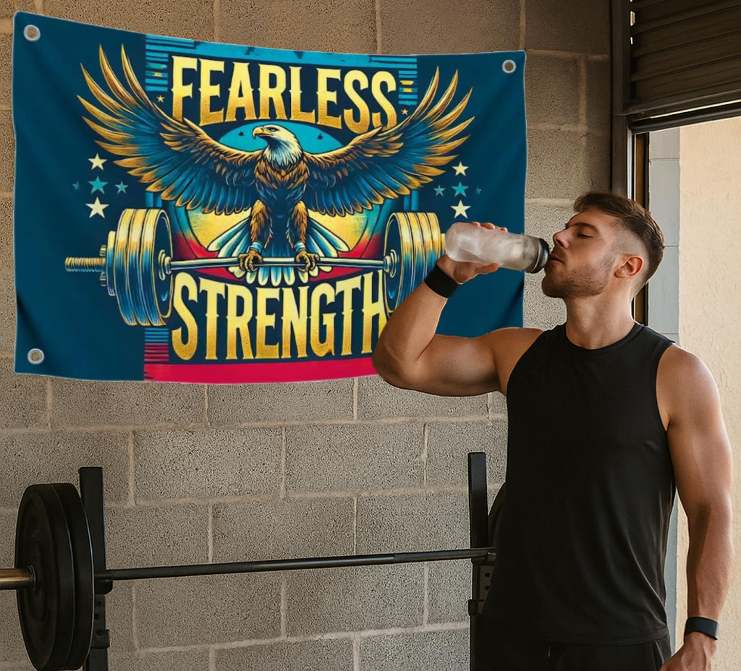 3x5 Ft Motivation Gym Single Sided Flag with Quote Fearless Strength with 4 Brass Grommets - Eagle Inspirational Polyester Banner for Wall Decoration