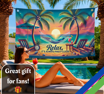 3x5 Ft Single Sided Flag with 4 Brass Grommets - "Relax It's Always Five O'Clock" Relax Time - Hammock and Beach Scene - Tropical Sunset Polyester