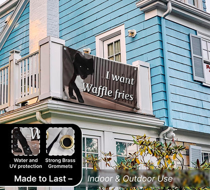 3x5 Feet Wolf Meme Flag with Quote "I Want Waffle Fries" with Four Brass Grommets - Single Sided Polyester Black Wolf Banner for Wall Room Decoration