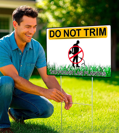Set of 3 Do Not Trim Yard Sign with Metal Stake 12x8 Inches - Double Sided No Podar Las Plantas sign for Outdoor or Indoor