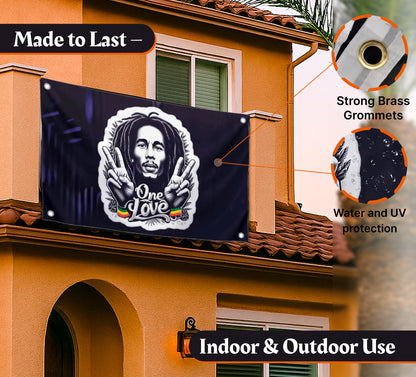 3x5 Feet Marley Wall Hanging Tapestry Flag with One Love with Four Brass Grommets - Aesthetic Rasta Stoners Tapastry - Hippie Decorations Posters