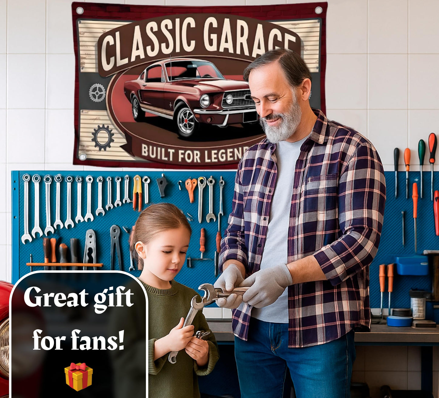 3x5 Feet Funny Flag with Cool Car and Quote "Classic Garage Built for Legends” with Four Brass Grommets - Polyester Decorative Wall Flags for Guest