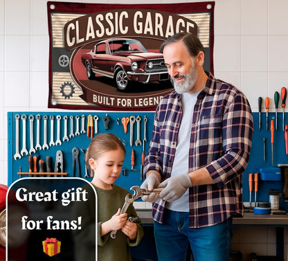 3x5 Feet Funny Flag with Cool Car and Quote "Classic Garage Built for Legends” with Four Brass Grommets - Polyester Decorative Wall Flags for Guest