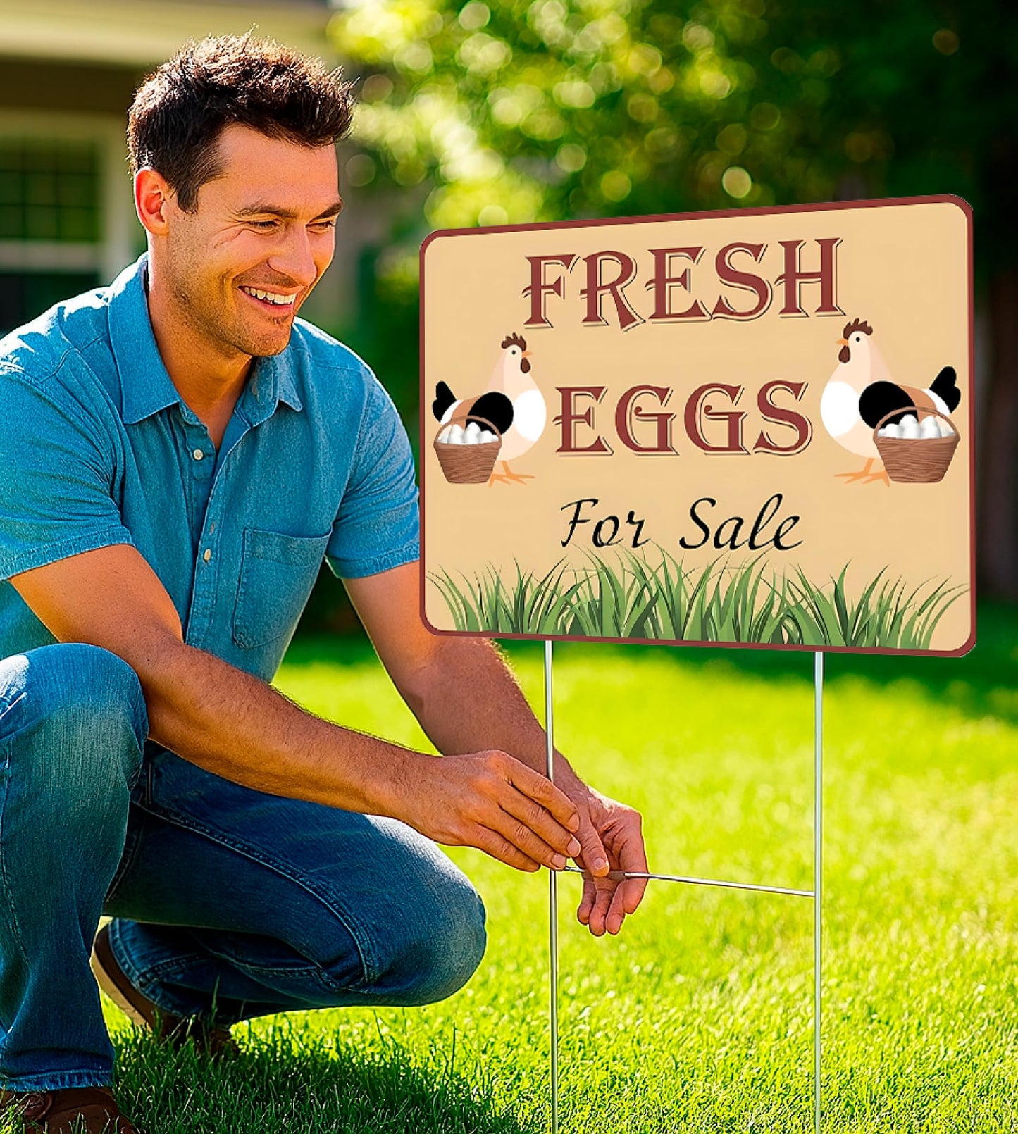 Set of 3 Double Sided 12x16 Inches Fresh Eggs For Sale Sign with Metal H-Stakes - Plastic Sign Fresh or Egg Sign for Outdoor and Indoor