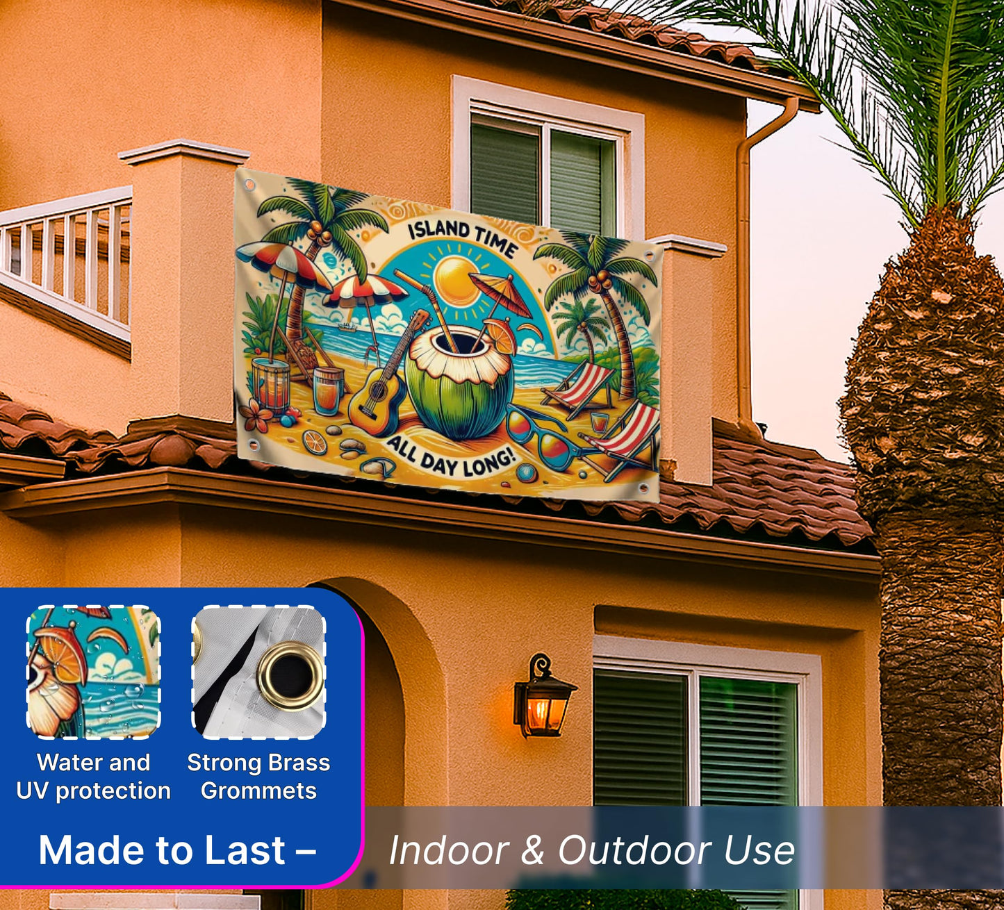 3x5 Feet Single Sided Flag with 4 Brass Grommets - Island Dream Flag - Sun and Ocean View - Quote on the Poster "Island Time All Day Long"