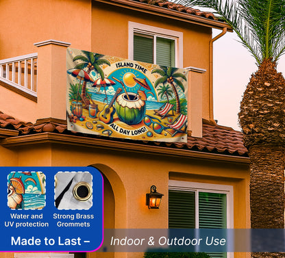 3x5 Feet Single Sided Flag with 4 Brass Grommets - Island Dream Flag - Sun and Ocean View - Quote on the Poster "Island Time All Day Long"