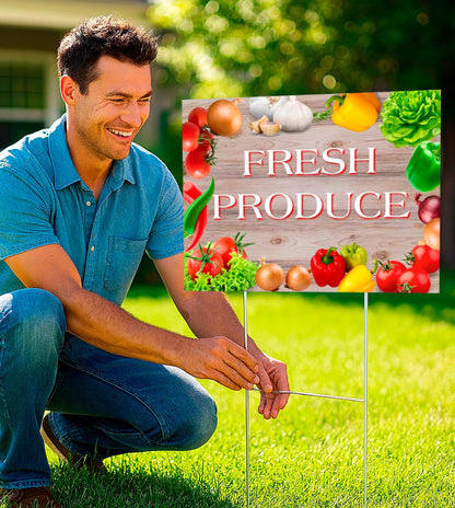 Set of 3 Double Sided 12x16 Inches Fresh Produce Sign with Metal H-Stakes - Vegetable Sign Outdoor or Indoor Yard Signs