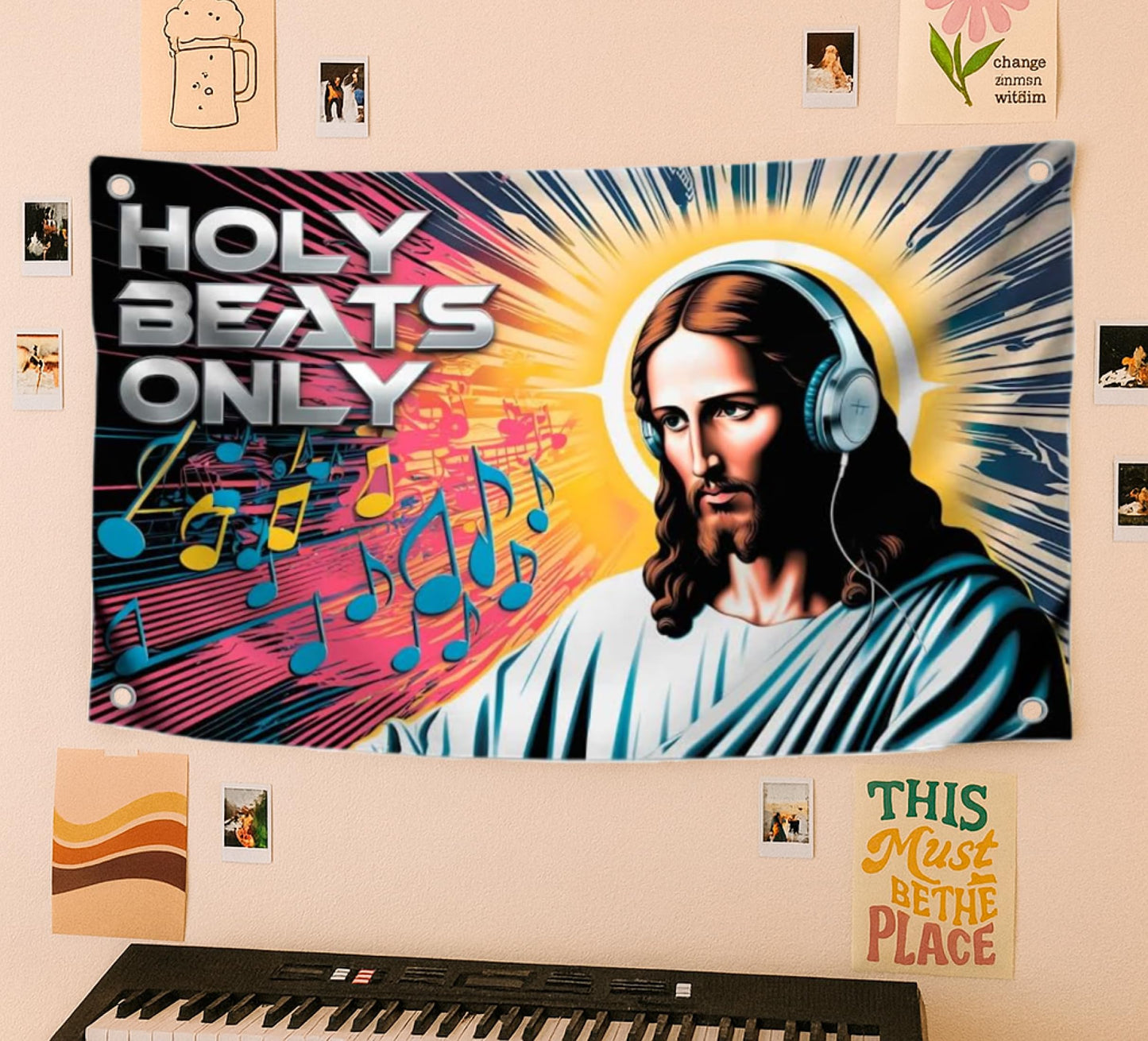 3x5 Feet Tapestry Polyester Flag "Holy Beats Only" with Four Brass Grommets - Tapestries for College Dorm Room Meme Banners Flags for Bedroom