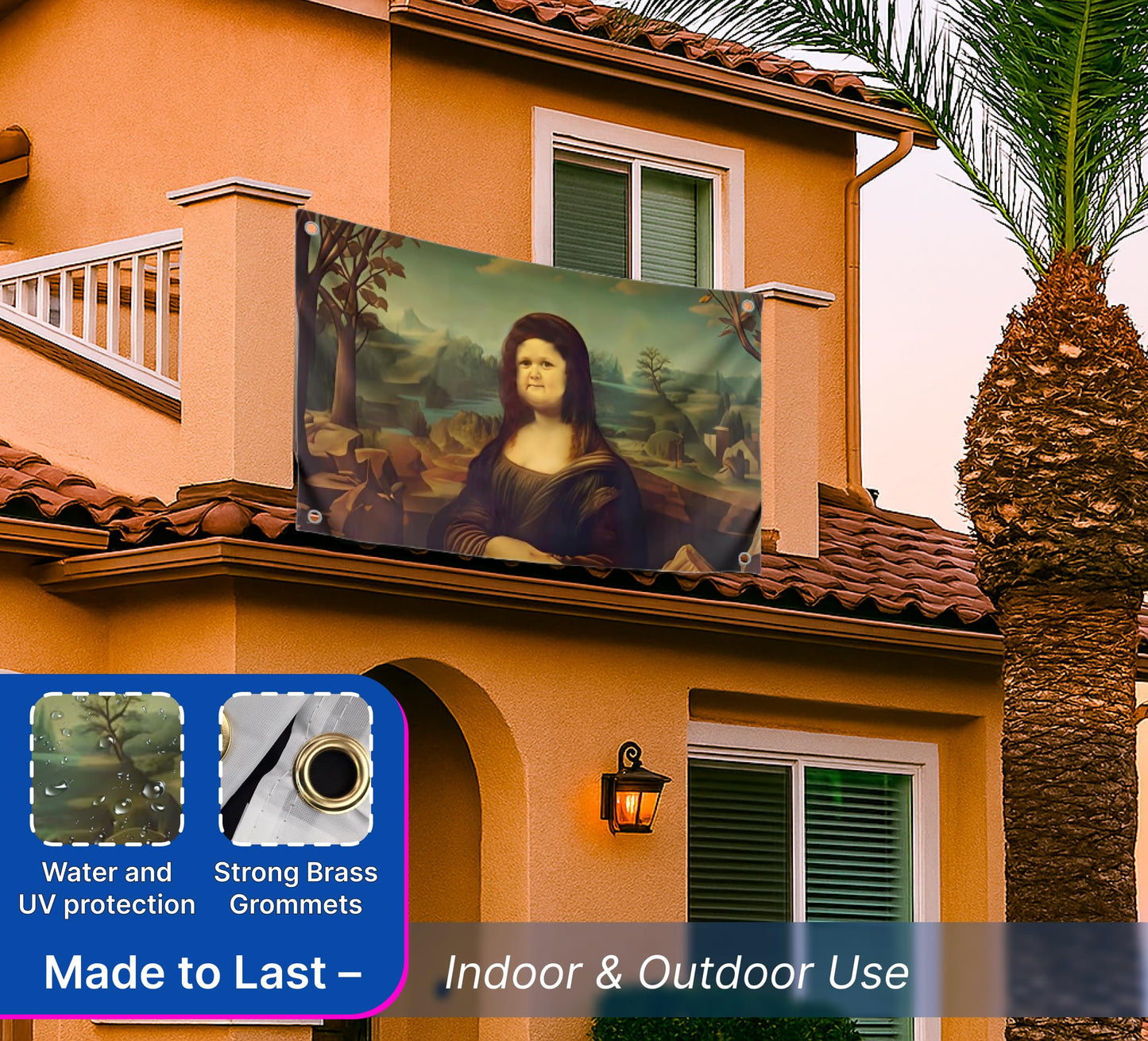 3x5 Ft Polyester Flag with 4 Brass Grommets - Mona Lisa Parody with Round Face - Art Meme Flags - Funny Decoration Poster for Home