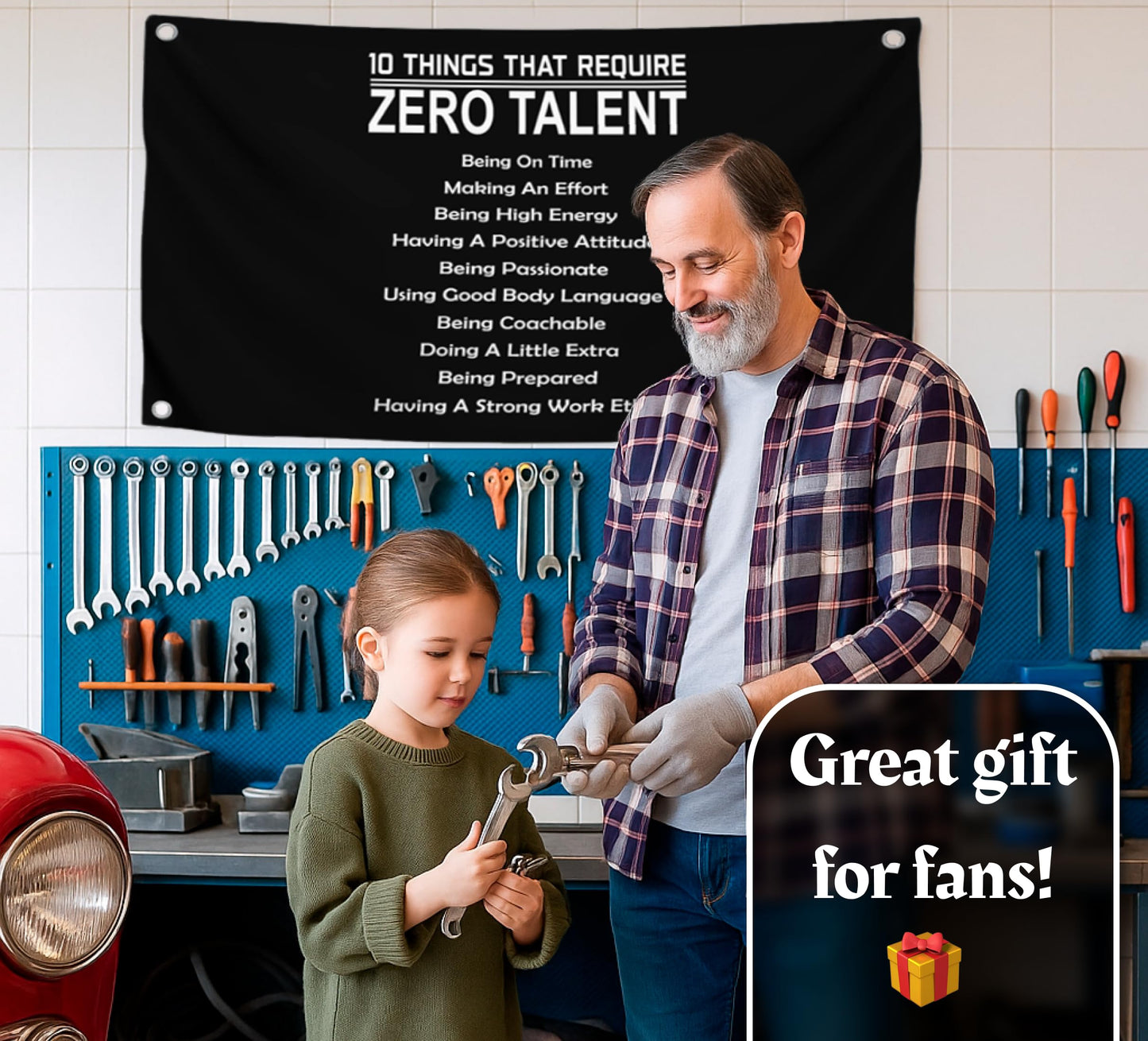 3x5 Feet 10 Things That Require Zero Talent Flag with Four Brass Grommets - Motivational Wall Art Banner for Classroom or Gym - Inspirational Home