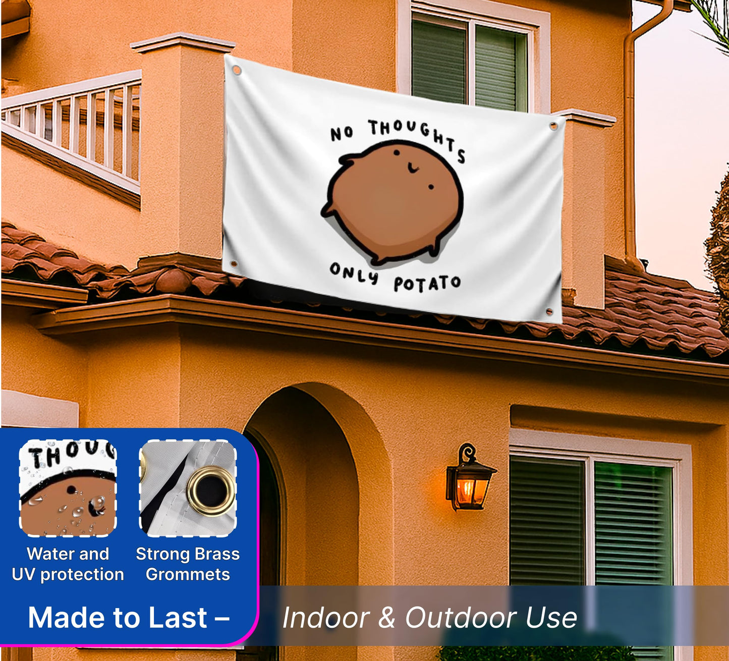 3x5 Feet Potato Meme Flag with Quote No Thoughts Only Potato with Four Brass Grommets.Single Sided Polyester Funny Banner for Wall Bedroom Decoration