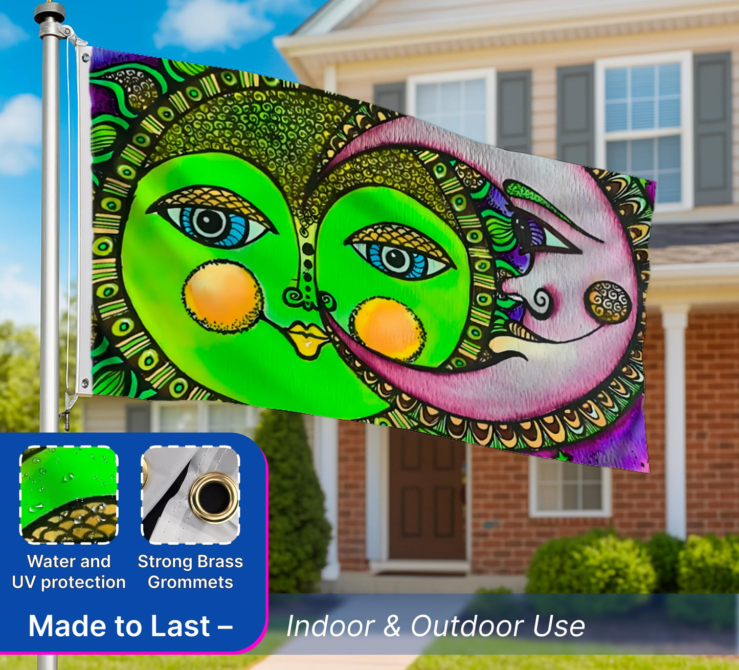 3х5 Feet Sun and Moon Celestial Hippie Art Polyester Flags with 2 Brass Grommets - Single Sided Spring Summer Holiday Garden Decor for Outside