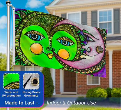 3х5 Feet Sun and Moon Celestial Hippie Art Polyester Flags with 2 Brass Grommets - Single Sided Spring Summer Holiday Garden Decor for Outside