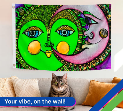 3х5 Feet Sun and Moon Celestial Hippie Art Polyester Flags with 2 Brass Grommets - Single Sided Spring Summer Holiday Garden Decor for Outside
