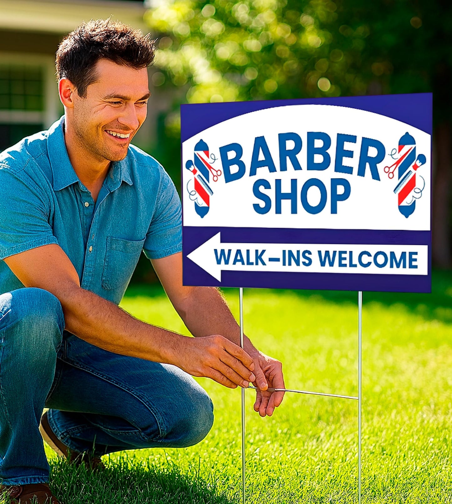 12x16 inch pack of 3 Barber Shop (Arrow) Yard Sign - Double-Sided Print with Metal Stakes - Barber Shop Grand Opening Plastic Sign