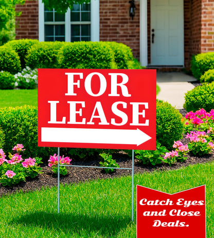Pack of 3 Double sided Corrugated Plastic Red White for Lease Sign with H Stake 12" x 8" inch - Tall Stands for Outdoor House Business Supplies