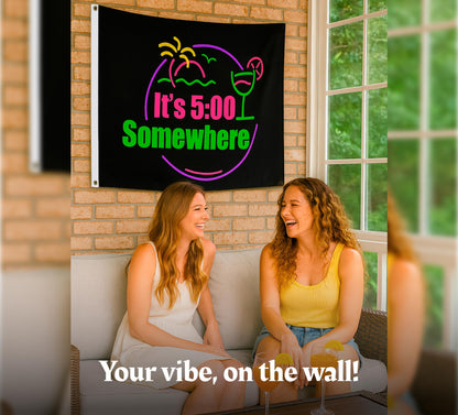 3x5 Ft It's 5 O'Clock Somewhere Polyester Flag with 2 Grommets - Pub Advertising Single Sided Banner - Tropical Summer Beach Drinking