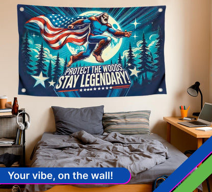 3x5 Ft Single Sided Polyester Banner with Quote “Protect the Woods, Stay Legendary” - Cool Tapestry with Four Brass Grommets