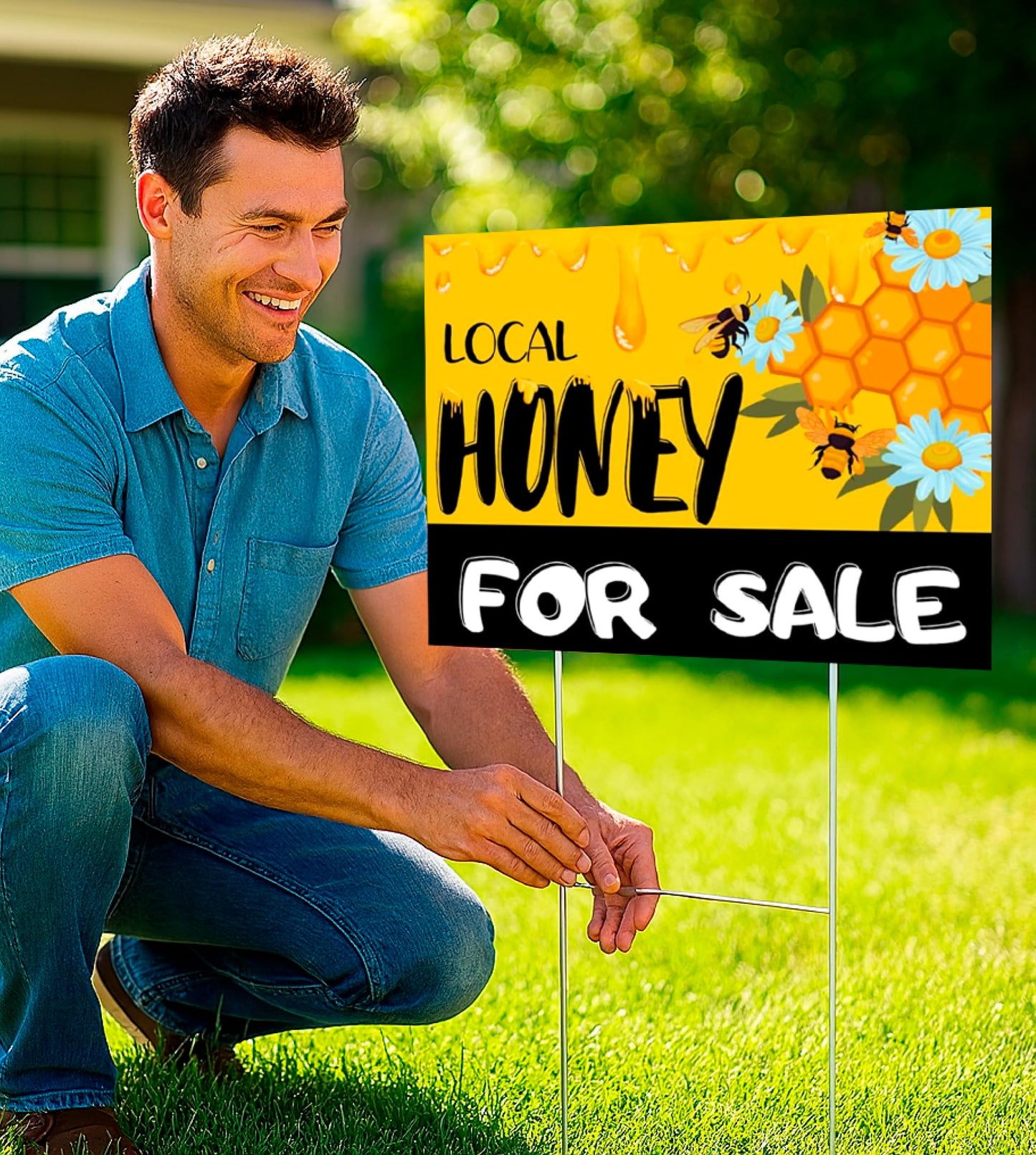 Set of 3 Double Sided 12x16 Inches Local Honey For Sale Yard Sign with Metal H-Stakes - Local Honey Sale Signs for Farm Garden Lawn Outdoor