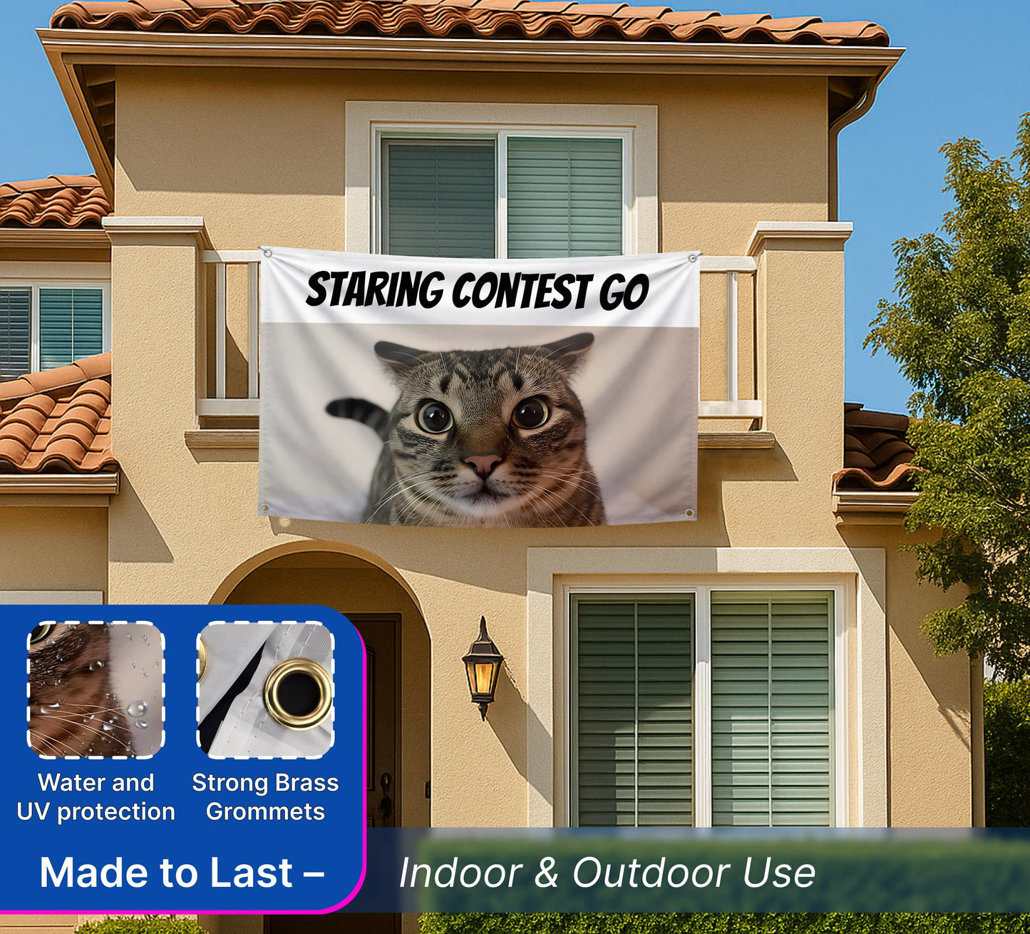 3x5 Feet Cats Meme Flag with Quote "Staring Contest Go" with Four Brass Grommets - Single Sided Funny Banner for Wall Bedroom Decoration