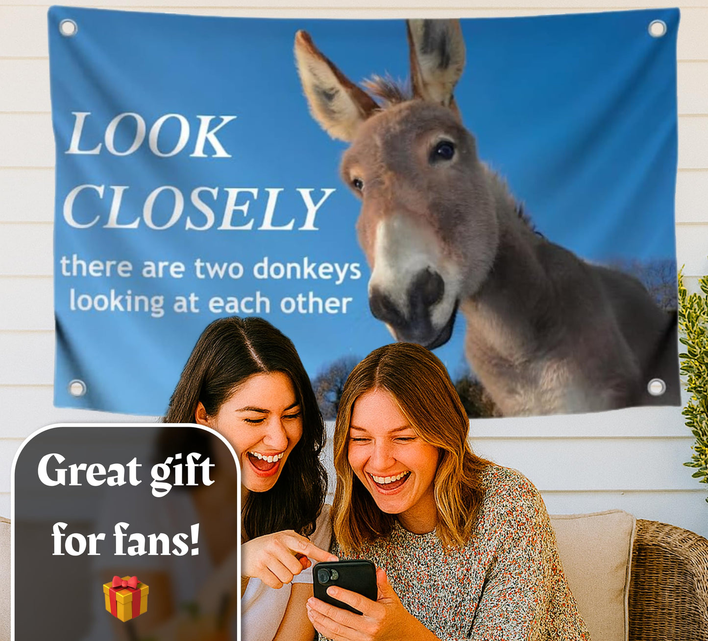 3x5 Feet Donkey Meme Single Sided Flag "Look Closely" with 4 Brass Grommets - Polyester Flags with Animals for Wall Decoration