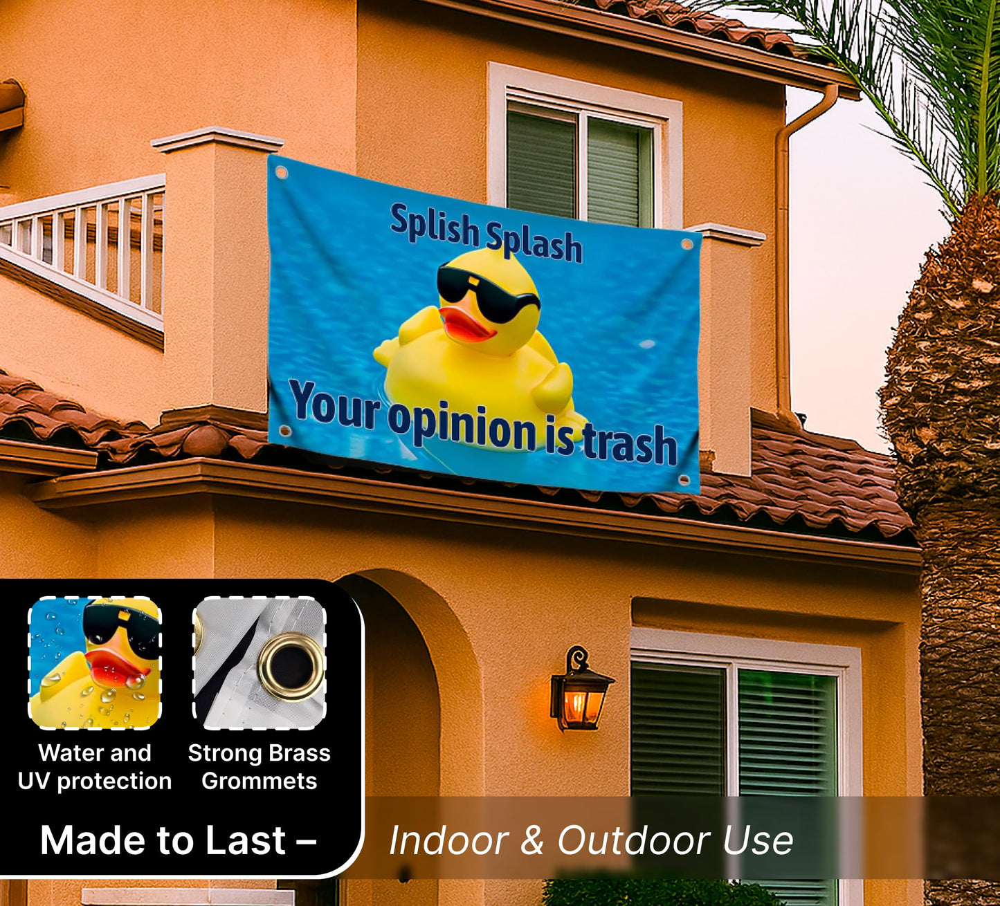 3x5 Feet Funny Duckling Flag with Quote "Splish Splash Your Opinion Is Trash" with Four Brass Grommets - Single Sided Polyester Funny Banner