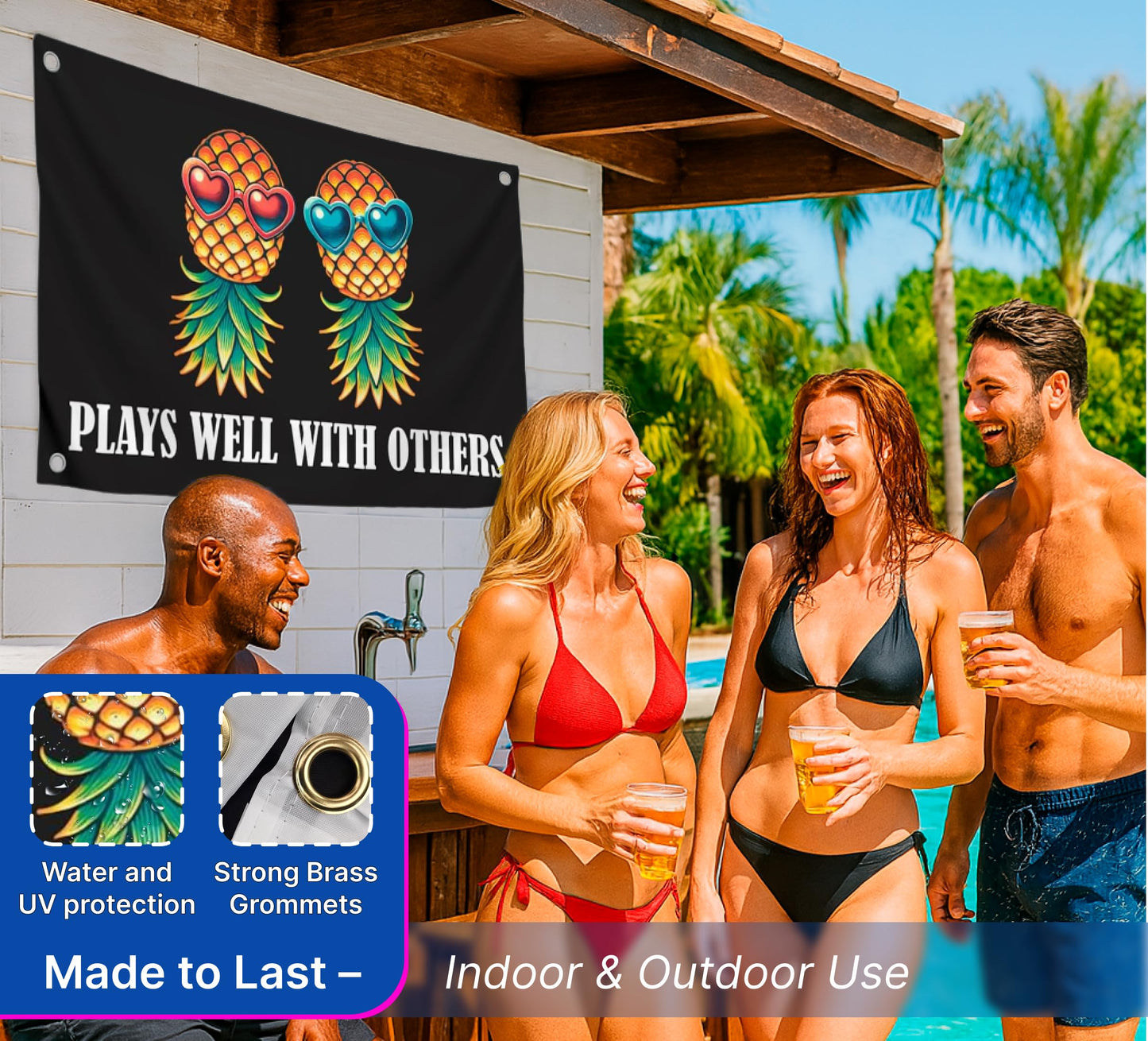 3x5 Feet Meme Pineapple Quote Flag "Plays Well With Others" with Four Brass Grommets - Polyester College Dorm Banners for Wall Bedroom